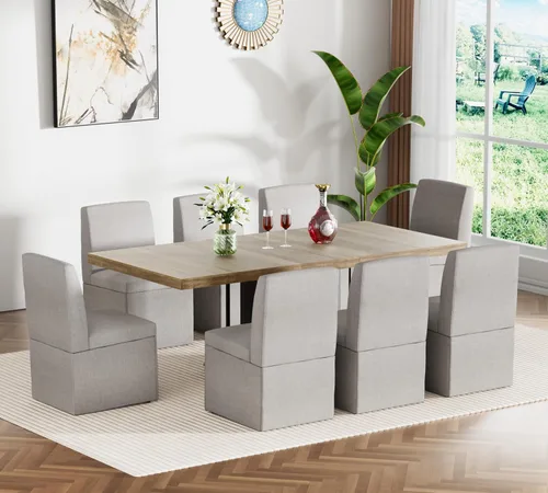 Miniatura 8 de Juego de mesa de comedor extensible para mesa de cocina extensible de 4, 5 piezas y 4 sillas de almacenamiento ocultas de lino tapizadas de madera
