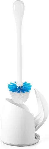 OXO Good Grips Cepillo de inodoro compacto con contenedor y recipiente, cepillo para taza de baño y soporte con puerta automática para contenedor,