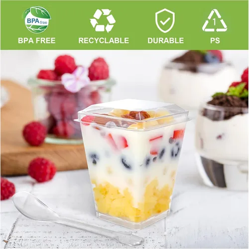 Miniatura 5 de EASERCY Paquete de 100 tazas de postre de plástico de 5 onzas con tapas, taza de yogur para parfait/aperitivo con tapas para fiestas, mini tazas