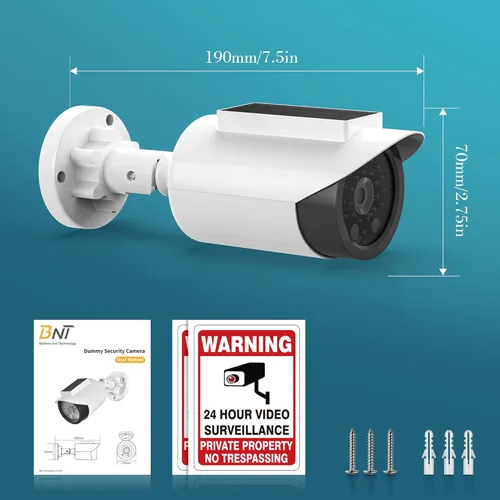 Miniatura 2 de BNT Cámara de seguridad falsa con energía solar, cámara de vigilancia falsa en forma de bala con luz LED roja para noche, calcomanía de advertencia