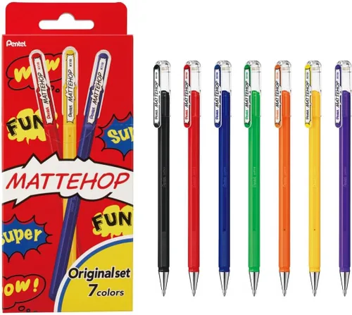 Pentel Mattehop - Cartera con rodillo de gel de 0.039 in, 7 piezas, colores originales Surtido