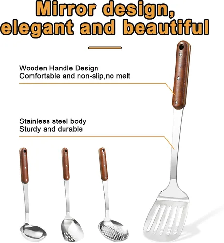 Miniatura 2 de FJNATINH Juego de espátulas de wok de acero inoxidable, espátulas ranuradas, cucharón, herramienta de cucharón espumadera, utensilios de cocina