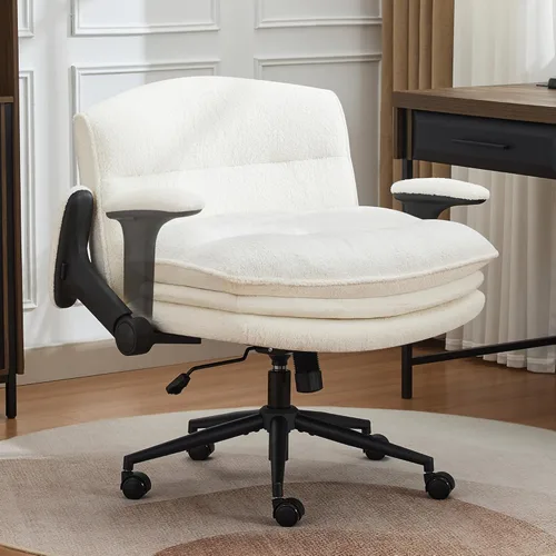 Silla cruzada con brazos abatibles, silla ancha con patas cruzadas con cojín de 3 capas, silla ergonómica de escritorio de oficina con ruedas, silla