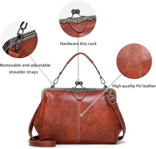 Miniatura 6 de ROUROU Bolso hueco retro para las mujeres de cuero de la PU bolso de embrague de noche bolso de embrague Kiss Lock cierre Crossbody bolso