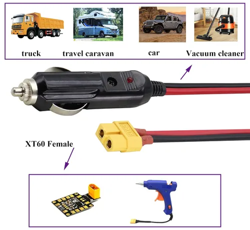 Miniatura 7 de Paquete de 2 cables 16AWG XT60 a encendedor de cigarrillos, enchufe macho de 12 V a XT60 hembra, cable de extensión compatible con cable de carga