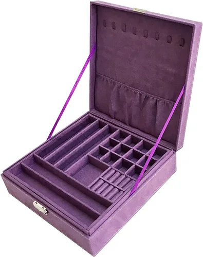 Joyero de dos capas con tela con pelusas, organizador, caja exhibidora para almacenamiento con cerradura