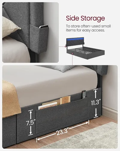 Miniatura 7 de VASAGLE Base de cama LED tamaño Queen, cama Queen con cabecera y 4 cajones, 1 puerto USB y 1 puerto tipo C, cabecera tapizada ajustable de 36.7/39.3