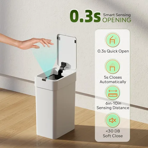 Miniatura 4 de WLIVE Cubo de basura pequeño para baño, 9 litros/2.4 galones, con sensor de movimiento, IPX5, impermeable, sin contacto, para baño, oficina, Blanco