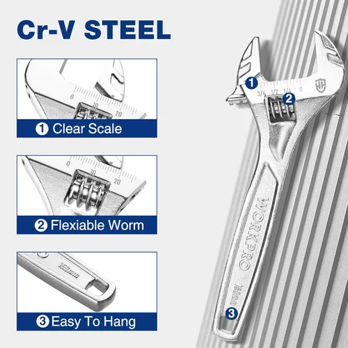 Miniatura 5 de WORKPRO - Llave ajustable de 6 pulgadas de alta resistencia con escala imperial y métrica, llave premium de acero Cr-V, cromada Plateado