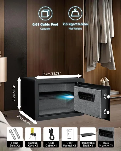 Miniatura 2 de Jinxnobi Caja de seguridad pequeña biométrica con candado, 0.78 pies cúbicos, caja de seguridad de estante removible de acceso rápido con escáner