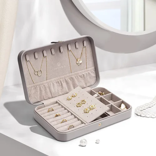 Miniatura 9 de Vlando Joyero de viaje para mujer, caja organizadora de joyas de cuero portátil para collares, aretes, anillos, pulseras, tamaño pequeño, regalos