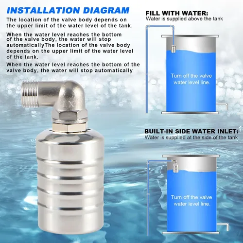 Miniatura 6 de Válvula de flotador de agua, válvula de flotador de control de nivel de agua totalmente automática de acero inoxidable portátil de apagado