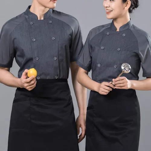 Miniatura 5 de Abrigos de chef unisex de manga corta, uniforme de chef de trabajo, con bolsillo, chaqueta de cocina con cierre de botón