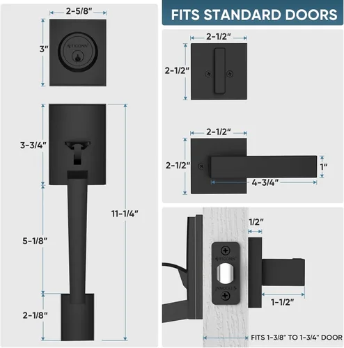 Miniatura 3 de TICONN Juego de manijas para puerta delantera doble, palanca de puerta cuadrada de servicio pesado y combo de cerrojo de cilindro único para puertas