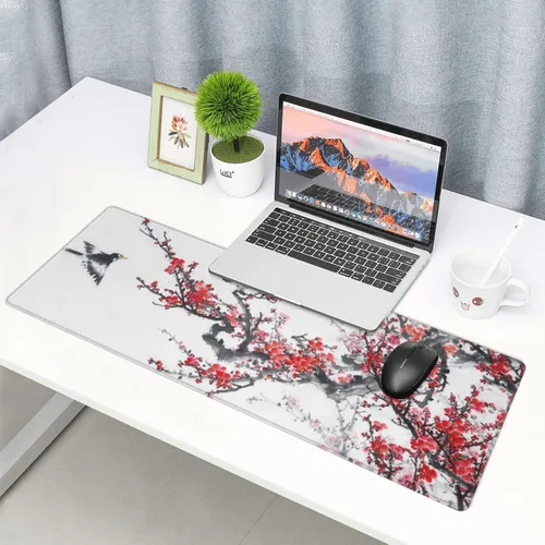 Miniatura 7 de Alfombrilla de mouse para juegos con diseño de pájaros y flores de cerezo, alfombrilla de escritorio grande XL, alfombrilla larga extendida