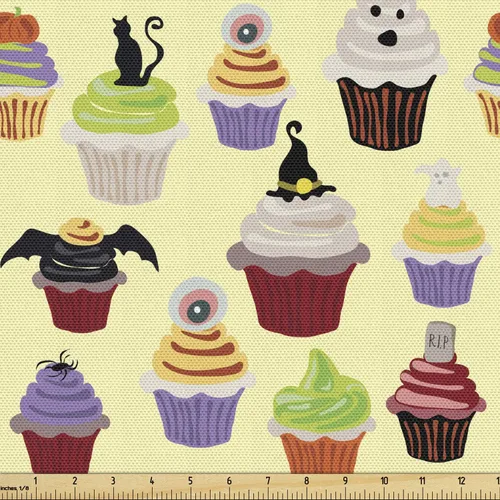 Miniatura 86 de Ambesonne The Yard, tela de calavera colorida con temática de Halloween, diseño de calavera y huesos cruzados, divertido estampado de dibujos