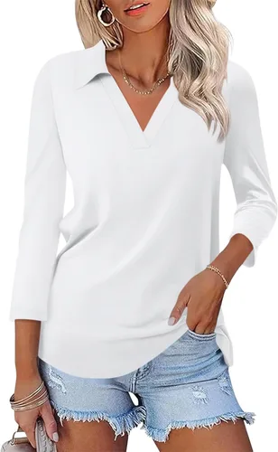 Miniatura 36 de TICTICMISS - Camisas polo de cuello en V para mujer, manga 3/4, con cuello, tops casuales de negocios, tops de verano a la moda, holgados