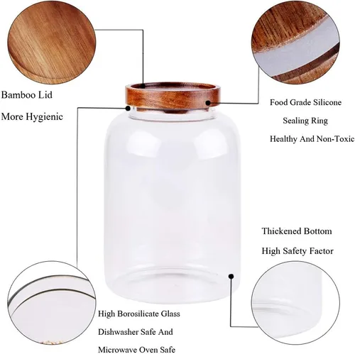 Miniatura 3 de Juego de grandes tarros de vidrio para almacenamiento de alimentos, 66 OZ LÍQUIDAS (1950ml) recipiente de cocina con tapas herméticas de acacia