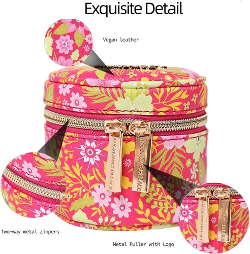 Miniatura 2 de Angelina's Palace Round Jewelry Organizer Case Travel Bag Bridesmaid Gifts Vegan Leather Box for Necklace Earring Bracelet Ring(blossom fuschia)