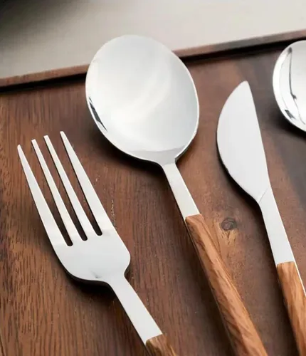 Miniatura 6 de Juego de cubiertos de 20 piezas con mango de madera para cubiertos de acero inoxidable 4,18/10, juego de cocina para comer en casa para vajilla