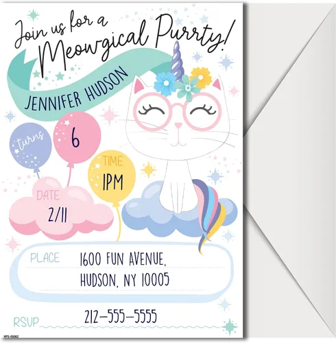 Miniatura 2 de Invitaciones de fiesta de cumpleaños de Caticorn con sobres (paquete de 20) - Invitaciones de fiesta temática de Caticornio para niñas, niños, niños