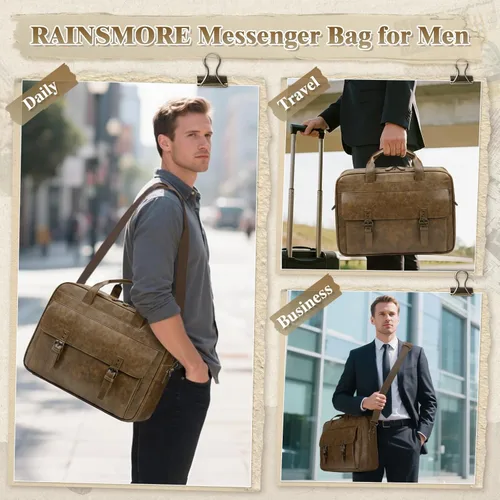 RAINSMORE Bolsa de mensajero para hombre, 16 pulgadas, bolsa para computadora portátil, de cuero vintage, impermeable, maletines para computadora