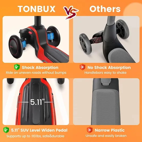 Miniatura 4 de TONBUX Patinete para niños de 3 a 12 años, patinete para niños pequeños con 4 alturas ajustables, patinete de 3 ruedas con luces, diseño de Rojo