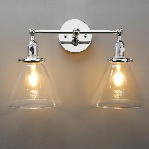 PERMO Aplique doble cromado industrial de 2 luces, apliques de pared con pantalla de vidrio transparente acampanada en forma de embudo, luz de