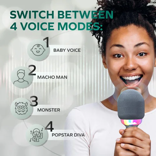 Miniatura 5 de Coby Micrófono LED para karaoke, micrófono inalámbrico con 5 modos de luz y 4 modos de cambio de voz, altavoz Bluetooth compatible con smartphone