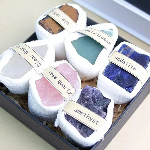 Miniatura 7 de Caja de piedra original de cristal, muestra de mineral natural, marcador mineral de partículas grandes sin pulir, juego de caja de regalo