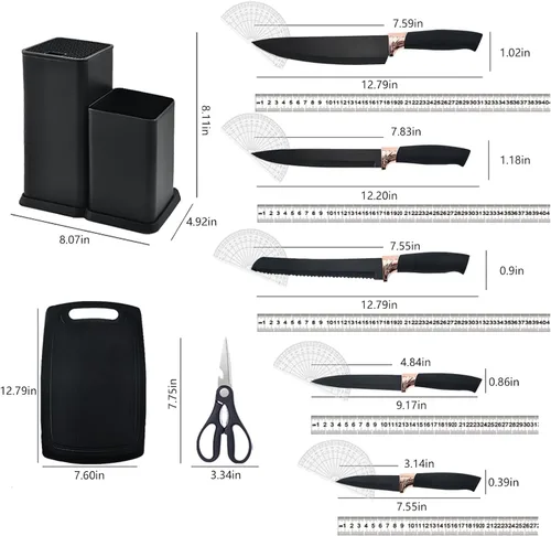 Miniatura 6 de Juego de utensilios de cocina y cuchillos con bloque, juego de cocina todo en uno de 19 piezas, 12 utensilios de silicona antiadherentes + 5 Negro
