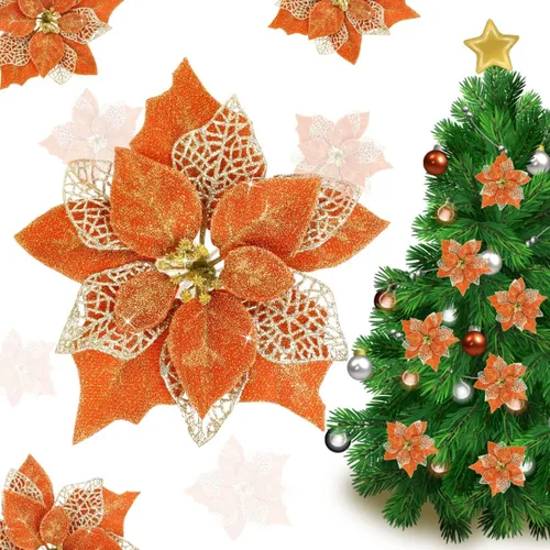 Miniatura 6 de Jim's Cabin Paquete de 12 flores de Pascua artificiales con purpurina para adornos de árbol de Navidad, mariposas y decoraciones doradas (azul)