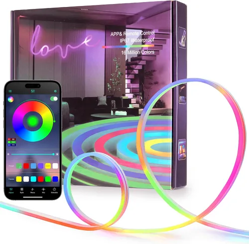 Luces de cuerda de neón LED de 50 pies, control de luces de cuerda LED flexibles con aplicación/control remoto, IP67 para exteriores RGB que cambian