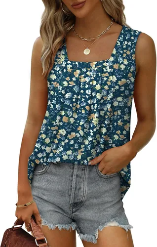 Miniatura 67 de Saloogoe - Camisetas sin mangas veraniegas para mujeres, plisadas con cuello cuadrado y dobladillo curvado, blusas de ajuste holgado con movimiento