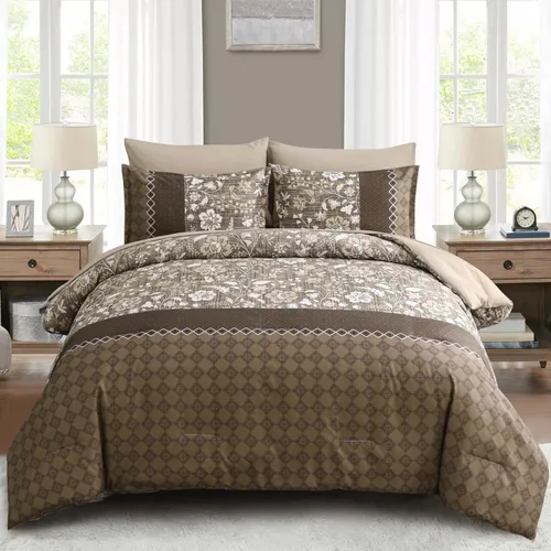 WONGS BEDDING Juego de edredón marrón tamaño Queen, juego de 7 piezas en una bolsa con diseño de patchwork floral, juego de sábanas Queen de