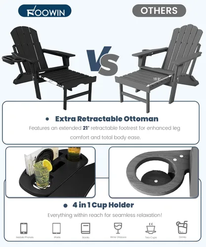 Miniatura 5 de FOOWIN Silla Adirondack plegable ajustable con otomana retráctil, silla Adirondack de polietileno de alta densidad con bandejas 4 en 1, resistente a