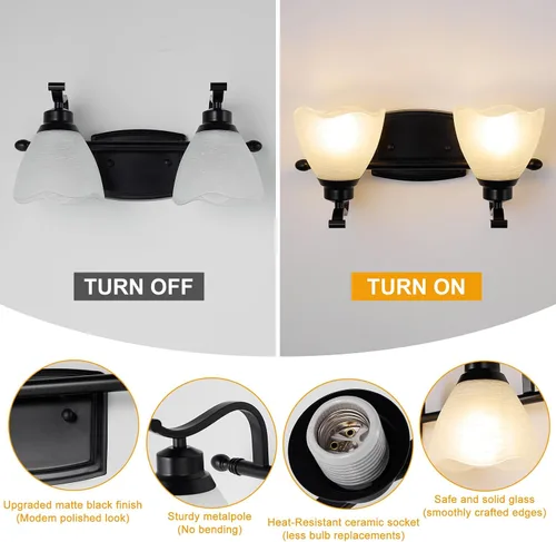 Miniatura 2 de Lámparas de baño (2 luces, 38 cm), luces de tocador mate negras para baño con pantalla de vidrio esmerilado blanco, luces de pared modernas