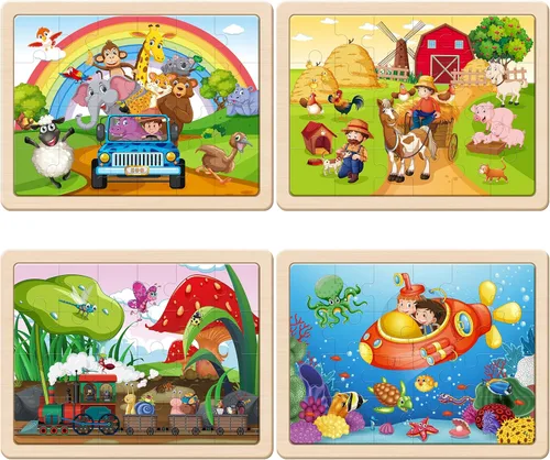 Miniatura 2 de SYNARRY Rompecabezas de madera de animales grandes para niños, caja de regalo 4 en 1 (12.2 x 9.4 pulgadas), certificado FSC, rompecabezas para niños