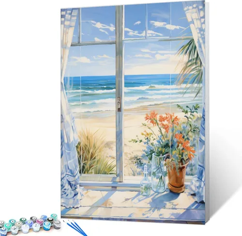 Kit de pintura al óleo para ventana de playa, paisaje, por números, 16 x 20 pulgadas, lienzo, flores, paisaje, bricolaje, pintura al óleo para Pbn