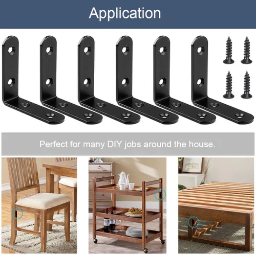 Miniatura 6 de 6 piezas de soportes de esquina en L negros de acero inoxidable de 65x65mm, soportes de estante resistentes para madera, estantes, soportes de unión