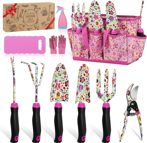 Housolution Juego de herramientas de jardinería, 10 piezas de acero inoxidable resistente con mango de goma suave antideslizante con bolsa de jardín
