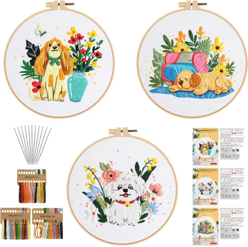 Miniatura 25 de Kit de bordado para principiantes, kits de punto de cruz para adultos, manualidades, 3 piezas, patrón de bordado, hilo de bordado de tela y agujas
