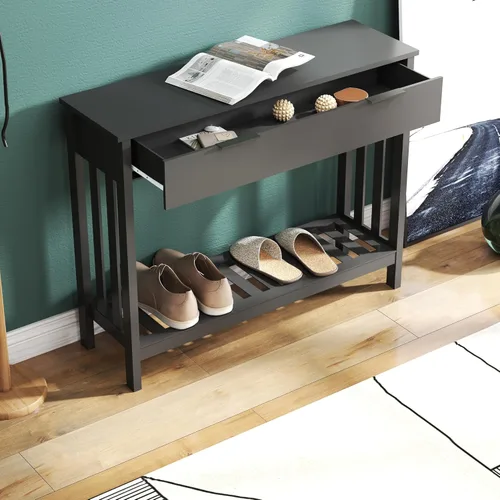 Miniatura 7 de TaoHFE Mesa de entrada negra con cajón, mesa consola estrecha moderna de madera con almacenamiento, mesa de pasillo, mesas de sofá para sala