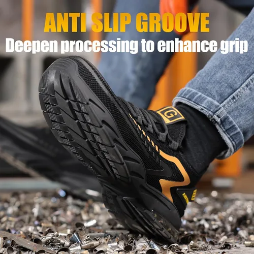 Miniatura 4 de GLANOUDUN Zapatos con punta de acero para hombre, zapatos de trabajo para hombres, zapatos de seguridad ligeros y cómodos, puntera de acero, zapatos