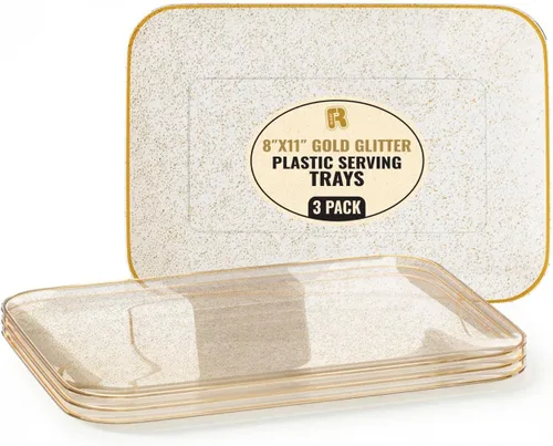 Miniatura 9 de Paquete de 3 bandejas de plástico negro para servir – Bandeja negra de 8 x 11 pulgadas – Bandejas de postre resistentes para alimentos – Bandejas