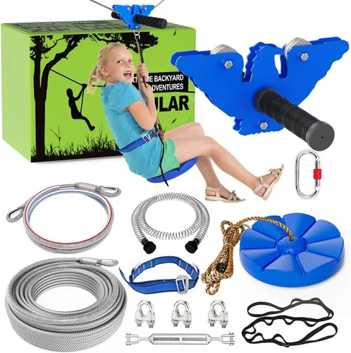 X XBEN Kit de tirolesa de 120 pies para niños y adultos, tirolesas para patio trasero, incluye asiento de columpio, freno de resorte, carrito de