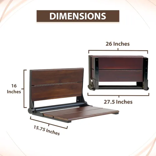 Miniatura 4 de Asiento de ducha de nogal, madera de contorno, banco plegable de montaje en pared para ducha interior, ADA Safety Aid, acero inoxidable 304, negro