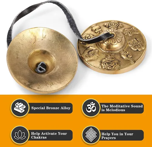 Miniatura 3 de Boao Campanas tibetanas Tingsha, platillos de meditación con bolsa de tela con cordón tibetano, timbre de meditación para instrumentos de percusión