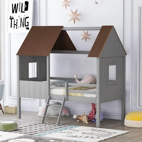 Quarte Fun House - Cama con techo y dos ventanas laterales, cama baja de madera tamaño individual con escaleras pequeñas y barandilla, para niños,