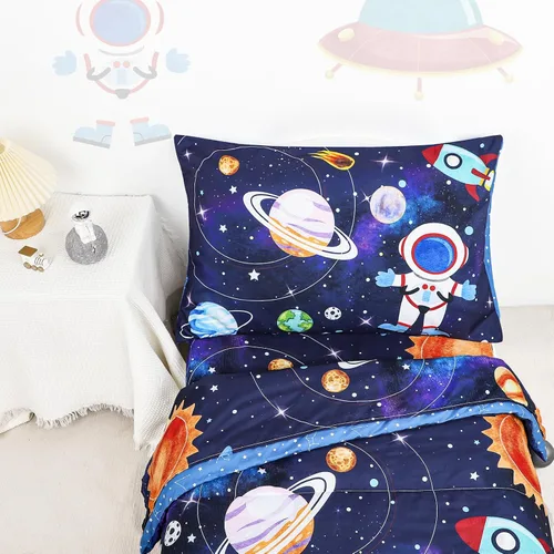 Miniatura 5 de SWESEN Juego de ropa de cama para niños pequeños, juego de ropa de cama azul espacial, suave y ligero de 4 piezas, incluye edredón, sábana encimera
